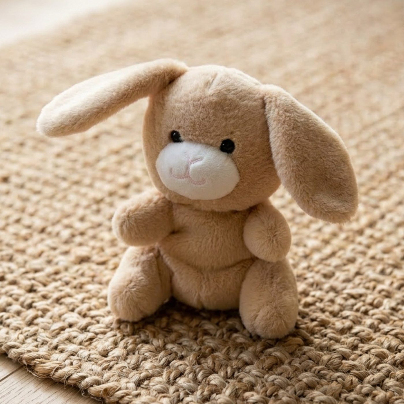A beige bunny plush toy sitting on a woven rug