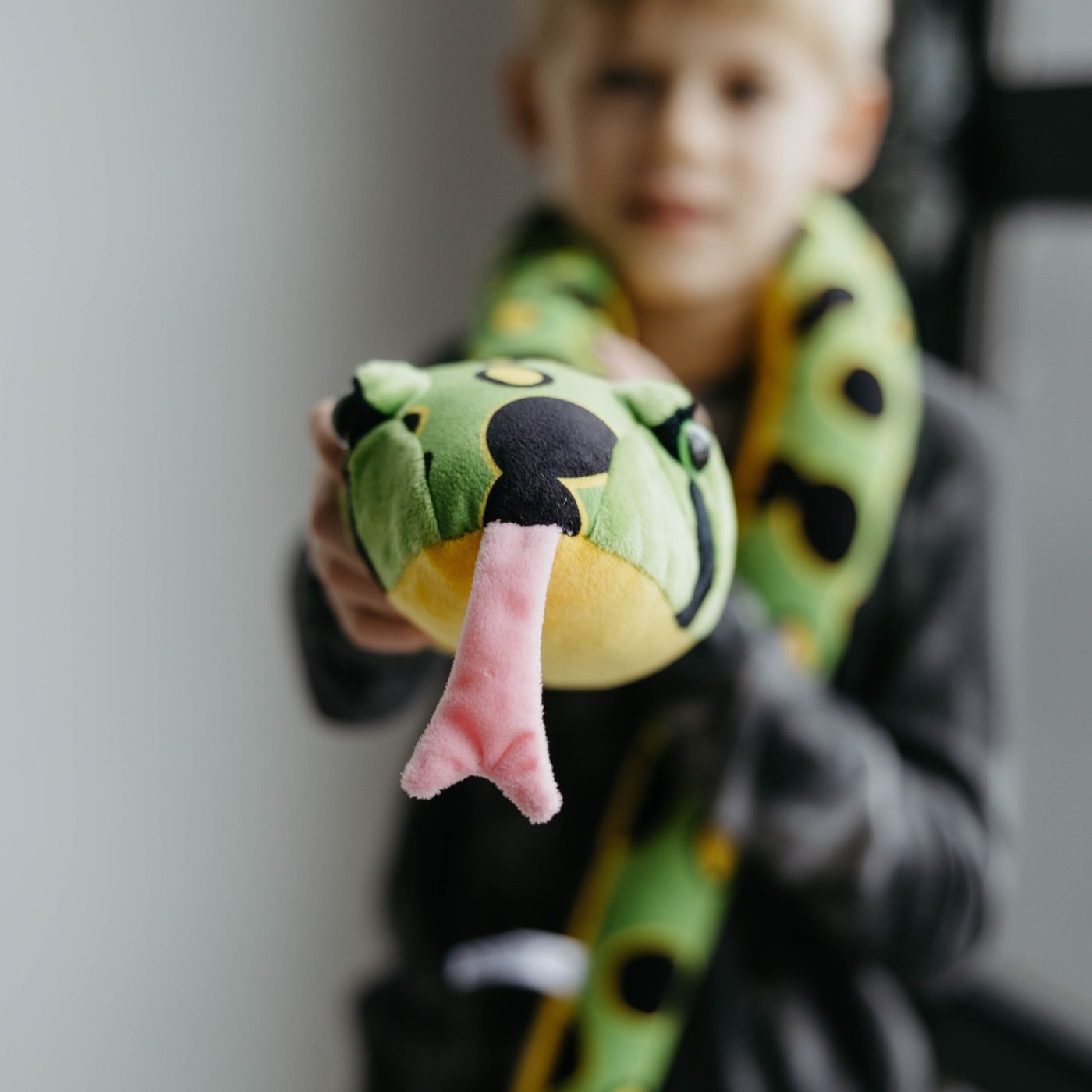 A boy holding a green turtle plush toy up to the camera