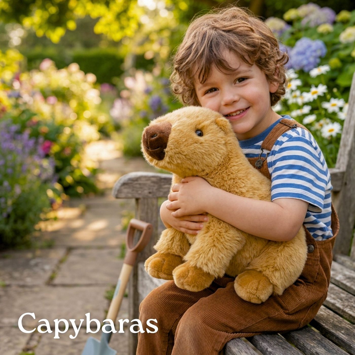 A boy hugging a capybara plush toy in a garden