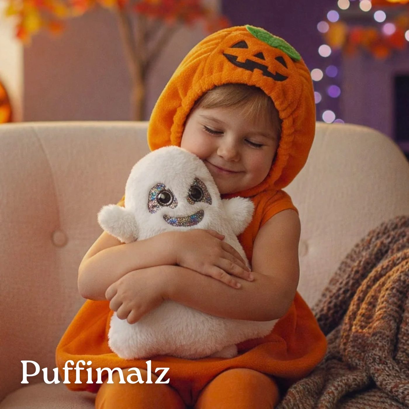 A child in a pumpkin costume hugging a round white Puffimalz plush