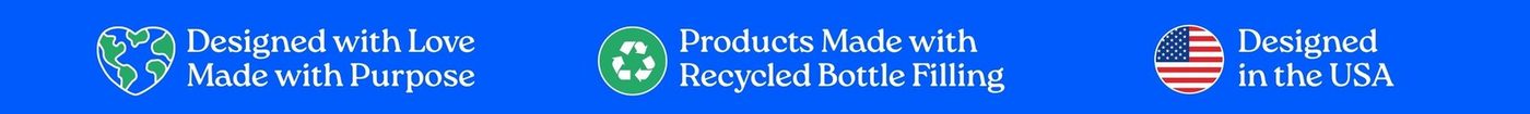 Three Zoologee promises: designed with love and made with purpose, filling made from recycled bottles, designed in the USA