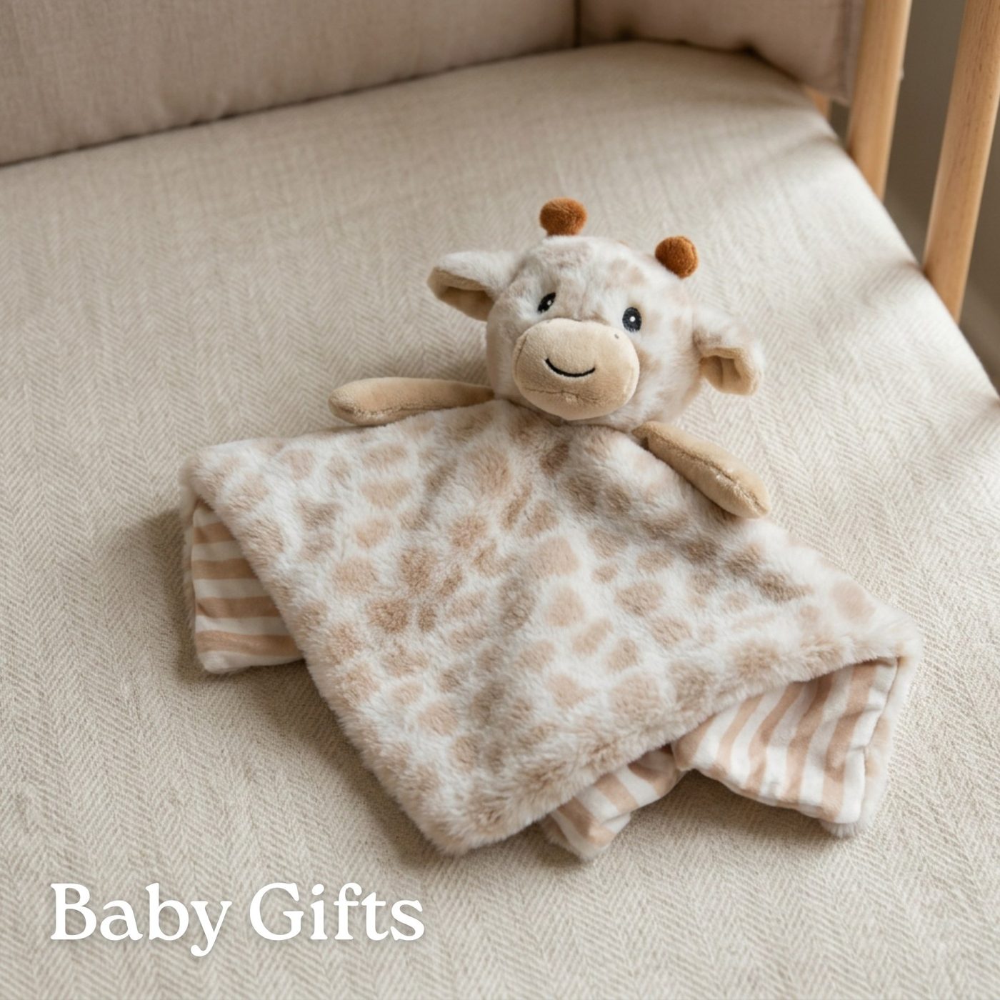 A giraffe baby lovey blanket plush laid on a cot sheet