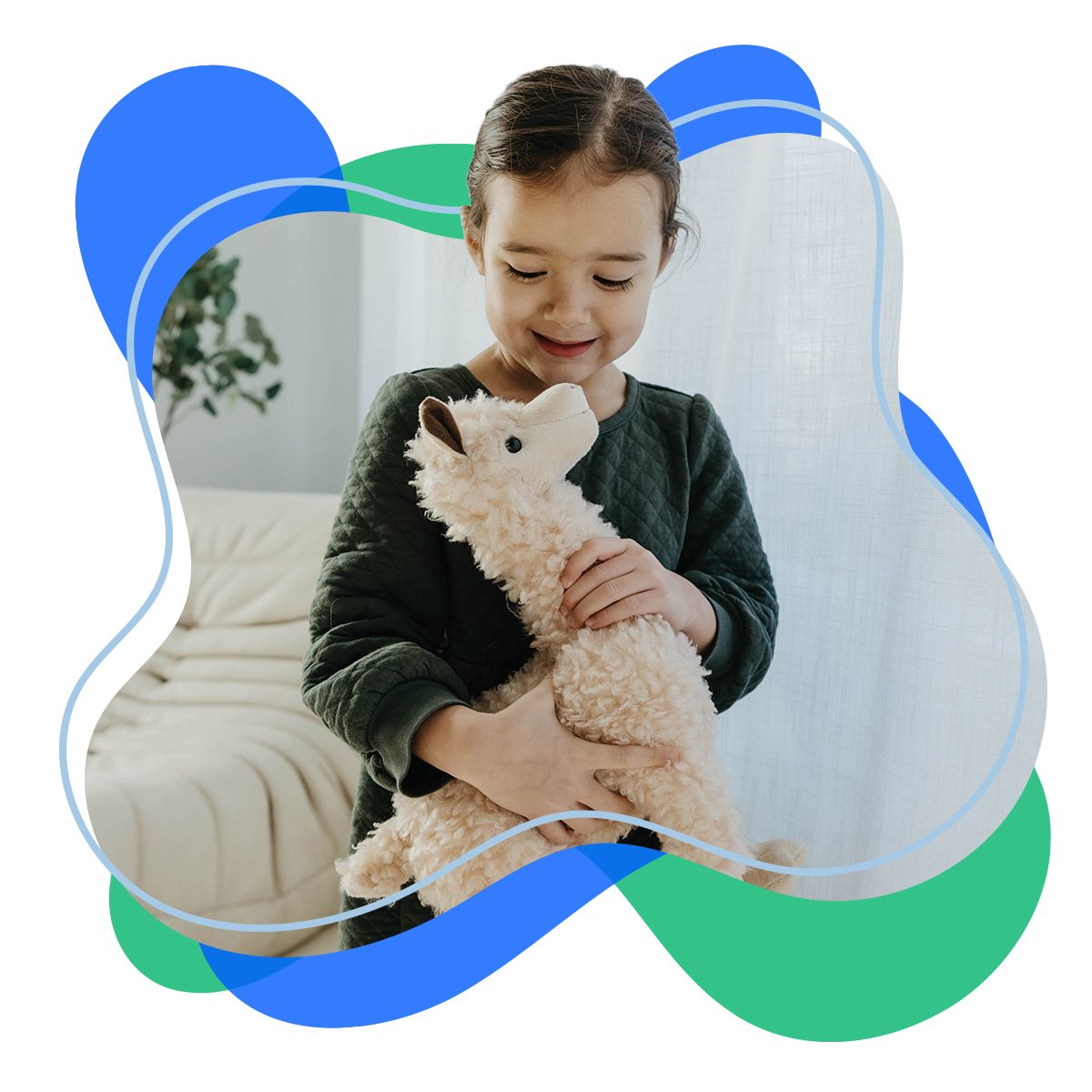 A girl cuddling a white Zoologee rabbit plush toy