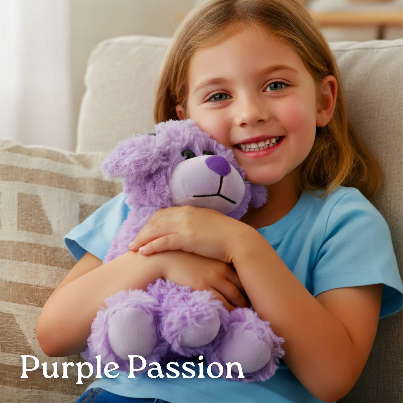 A girl hugging a purple bear plush toy on a sofa