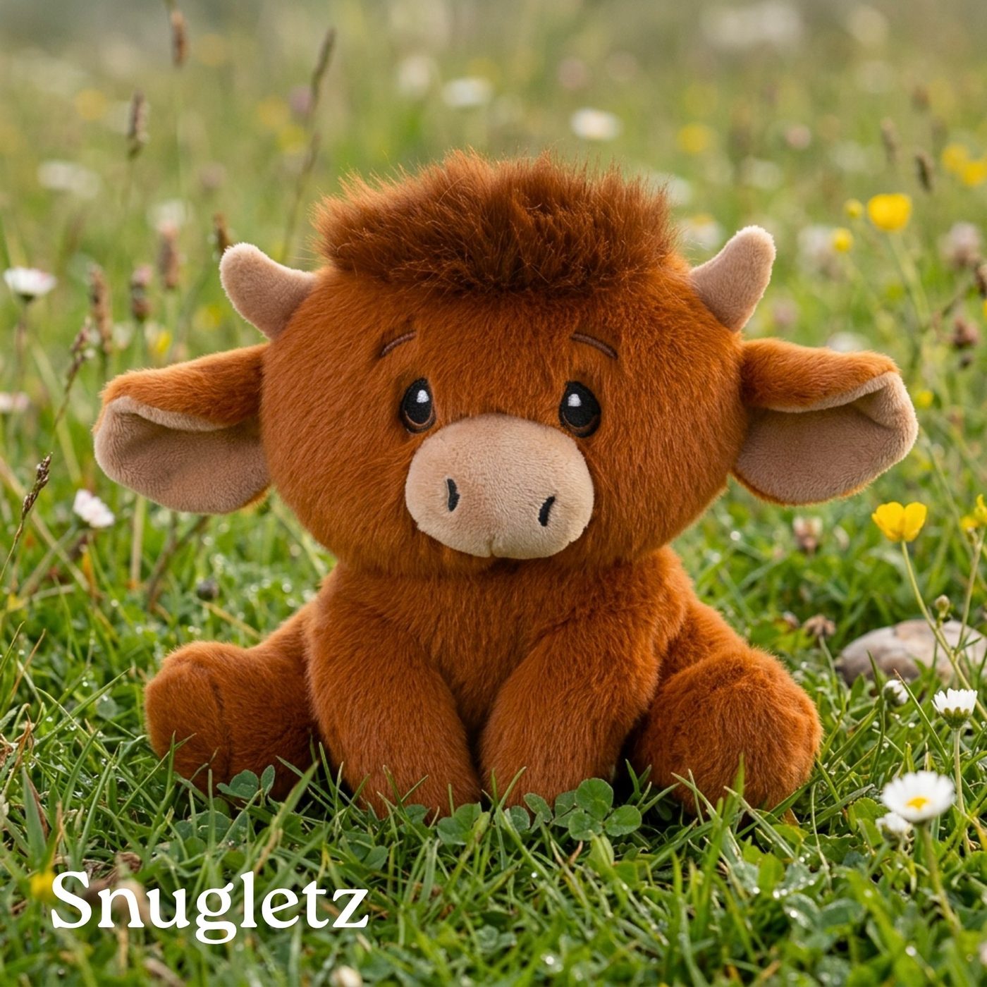 A Highland cow Snugletz plush toy sitting in a daisy meadow