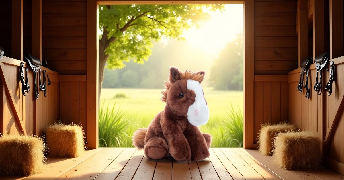 A Zoologee horse plush toy standing in a sunlit barn doorway