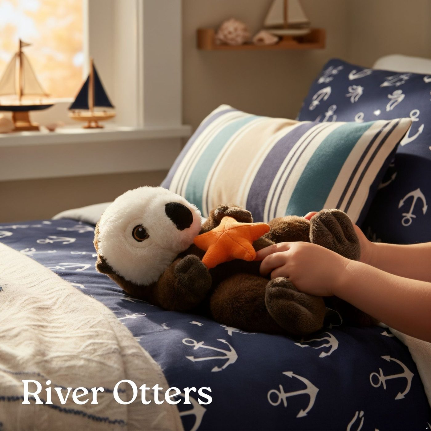 Otter plush toys resting on a sofa among striped cushions