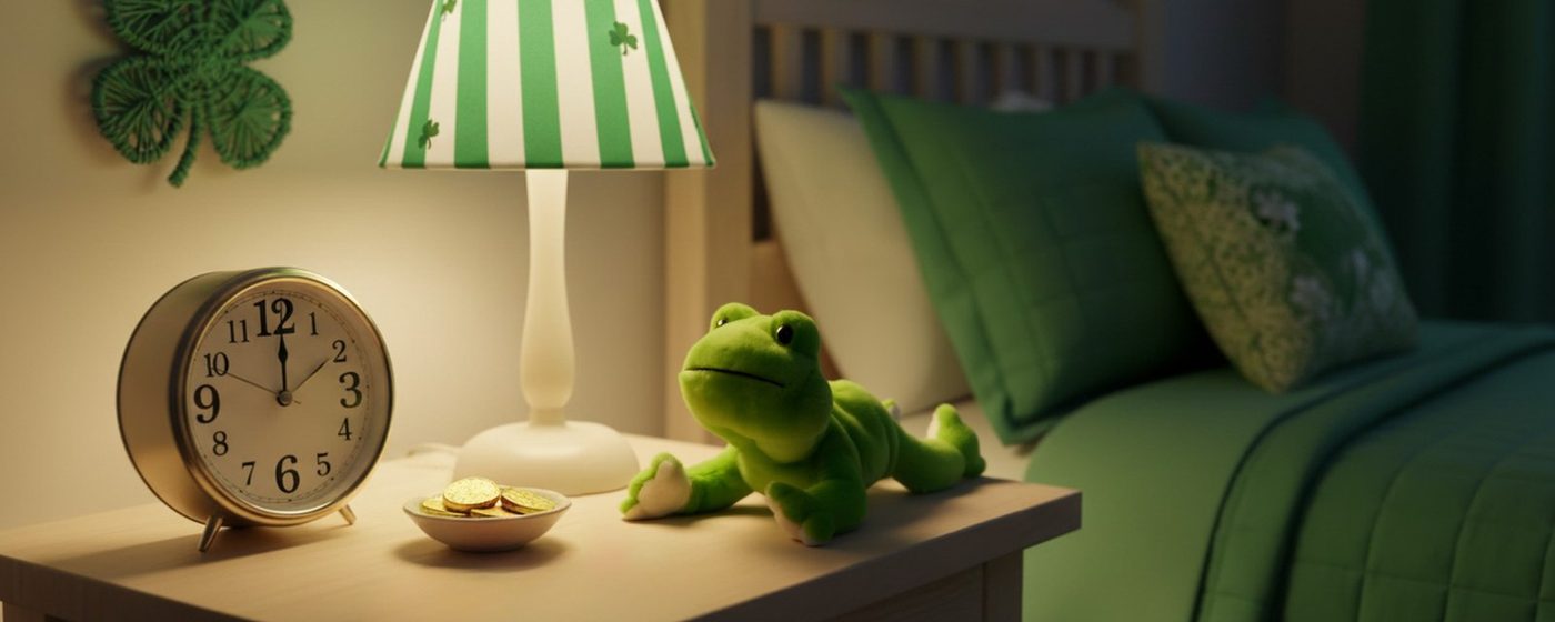 Plush toys on a shelf above a green sofa in a lamp-lit sitting room