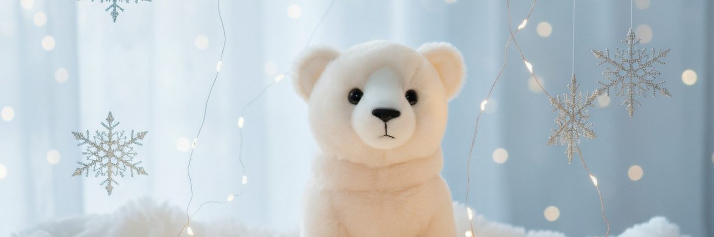 A polar bear plush toy sitting among paper snowflakes