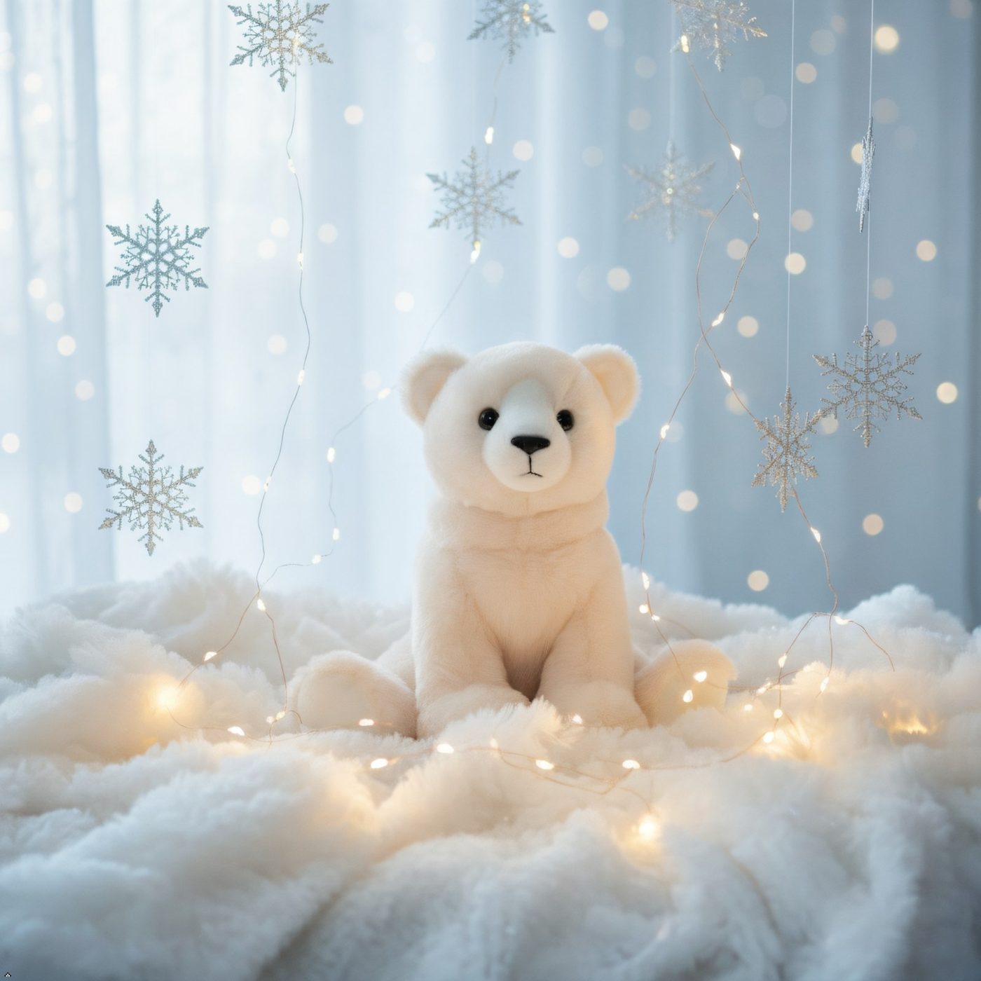 A polar bear plush toy sitting on snow under fairy lights