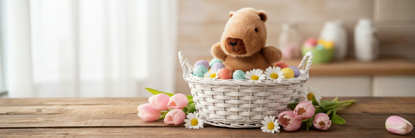 A Zoologee teddy bear plush sitting in a basket of spring blossom