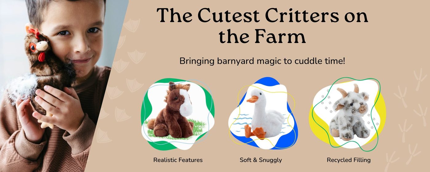 A Zoologee card titled the cutest critters on the farm with four plush animals