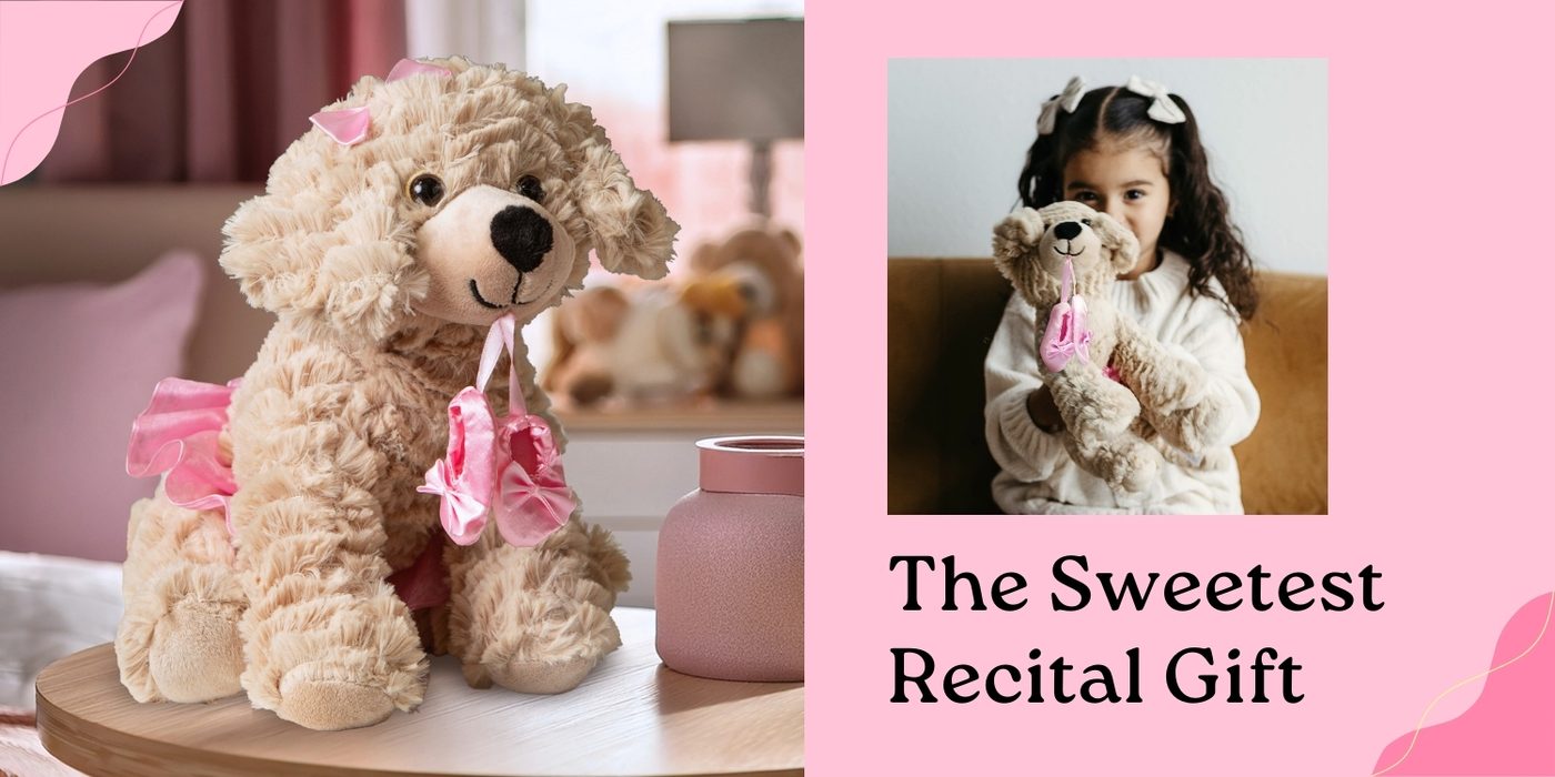 A Zoologee card titled the sweetest recital gift, showing a bear plush and a young dancer
