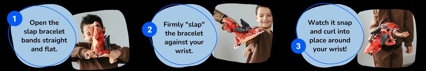 A three-step strip showing how a Slapstix plush bracelet wraps around a wrist