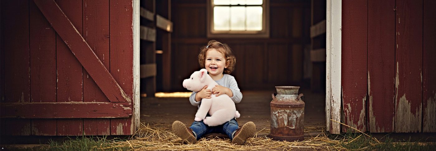 A toddler playing in the doorway of a wooden barn