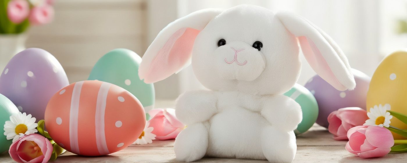A white bunny plush toy sitting among pastel eggs