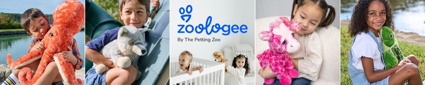 A Zoologee collage strip of children playing with plush animals around the wordmark