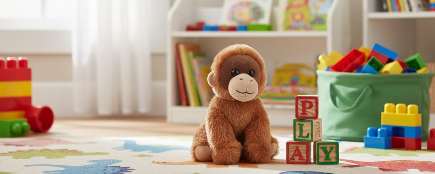Zoologee plush animals lined up on a playroom shelf beside building blocks