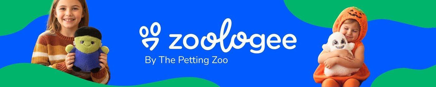 A Zoologee ribbon between two portraits of children with plush toys