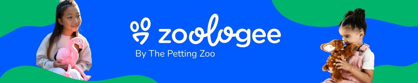 The Zoologee wordmark on a blue ribbon flanked by photos of children holding plush animals