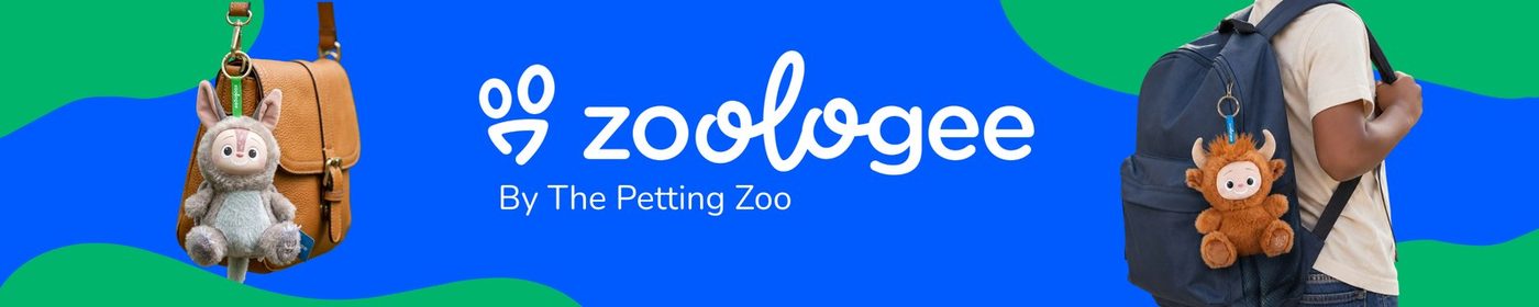 A Zoologee ribbon with a child holding a plush toy outdoors