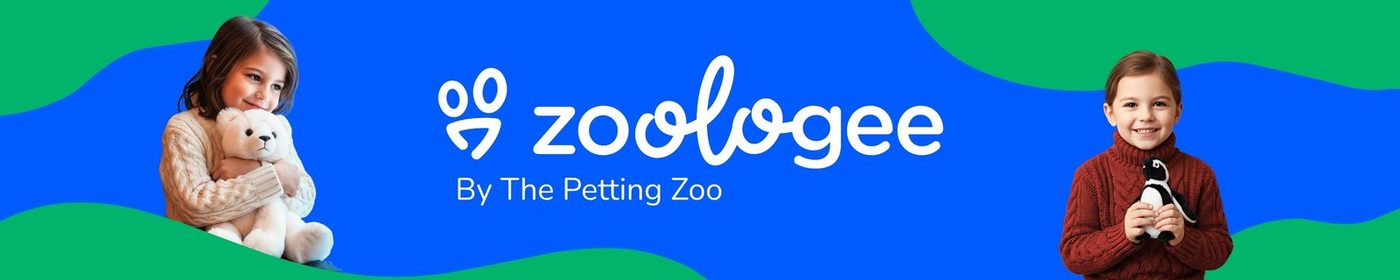 A Zoologee ribbon with a child cuddling a plush animal