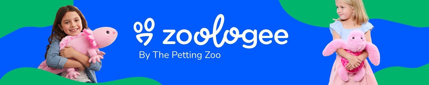 A Zoologee ribbon with a girl holding a plush animal