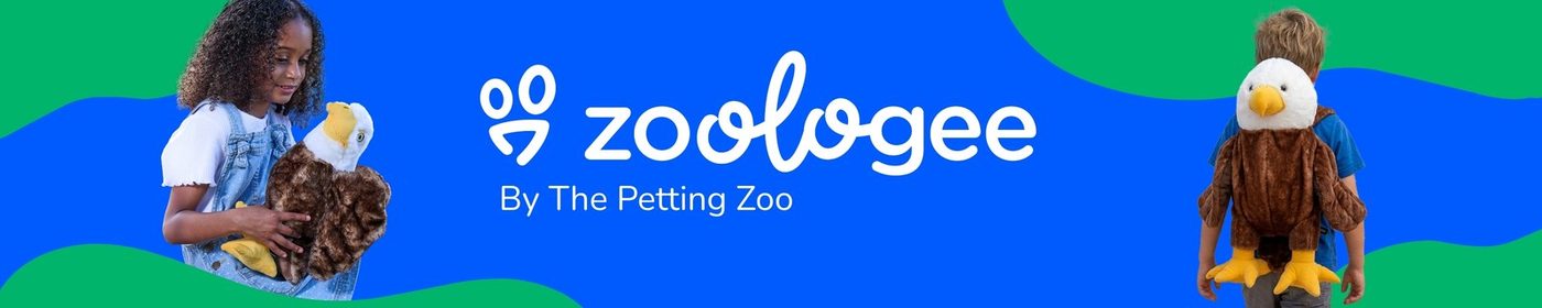 A Zoologee ribbon with children playing outdoors with plush animals