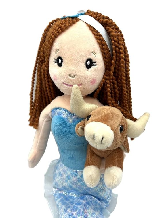 Mermaid Doll with Longhorn Cow Stuffed Animal, Gifts for Girls Plush Mermaid Doll with Long Horn Plush Toy, Red Hair by Zoologee, view 3