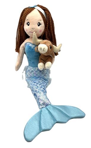Mermaid Doll with Longhorn Cow Stuffed Animal, Gifts for Girls Plush Mermaid Doll with Long Horn Plush Toy, Red Hair by Zoologee
