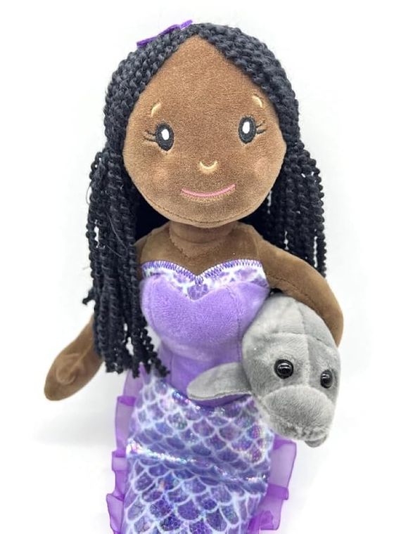 Mermaid Doll with Manatee Stuffed Animal- Great Gifts for Girls, Mermaid Plush Doll with Manatee Plush Toy, (African American) by Zoologee, view 3