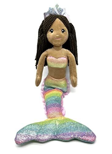 Ombrez Mermaid Doll Plushie, Gifts for Girls, Rainbow Mermaid Stuffed Animal, Dark Skin by Zoologee