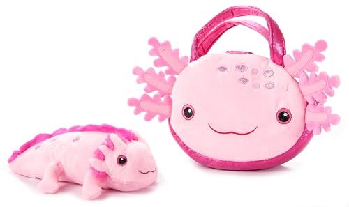 Stuffed Animal Plushie and Pet Carrier, Gifts for Girls, Wildlife Animal Plush Toy and Matching Purse Pet Carrier (Axolotl) by Zoologee